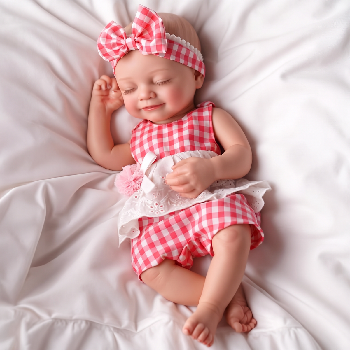 Lumi realistic silicone sleeping baby doll in pink gingham outfit on white bedding