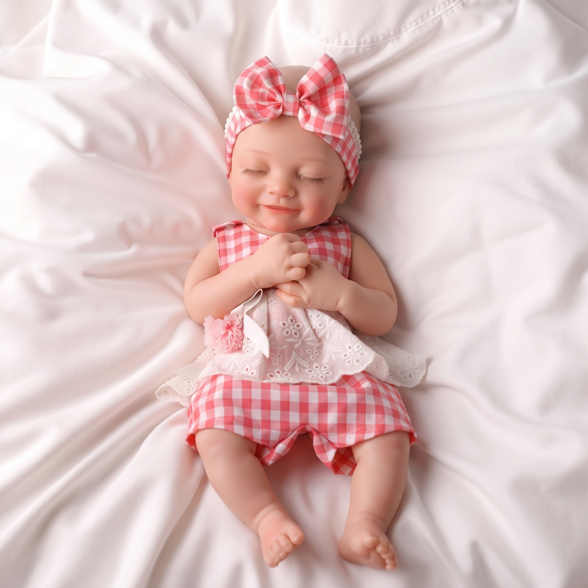 Lumi doll with hands clasped on satin bedding