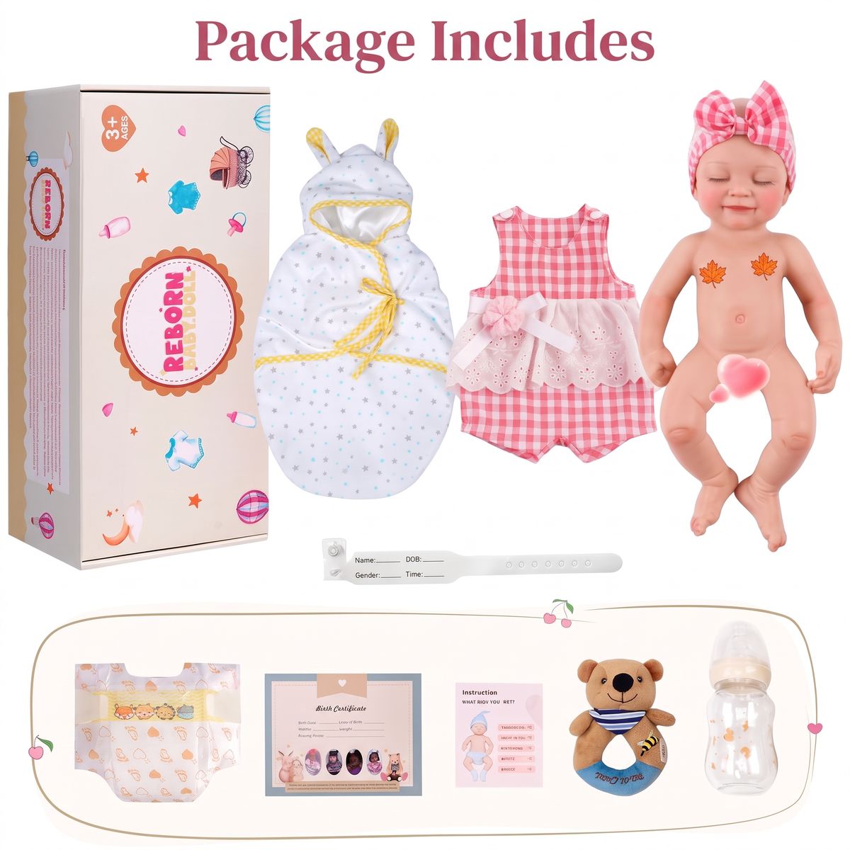 Package includes gift box, swaddle, outfit, doll, wristband, diaper, birth certificate, rattle, bottle