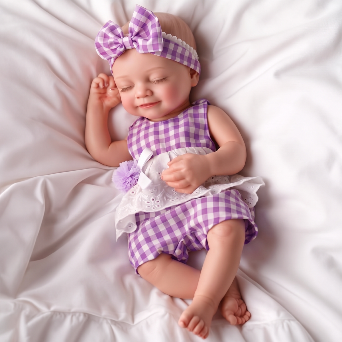 Lumi doll in purple gingham outfit on white bedding