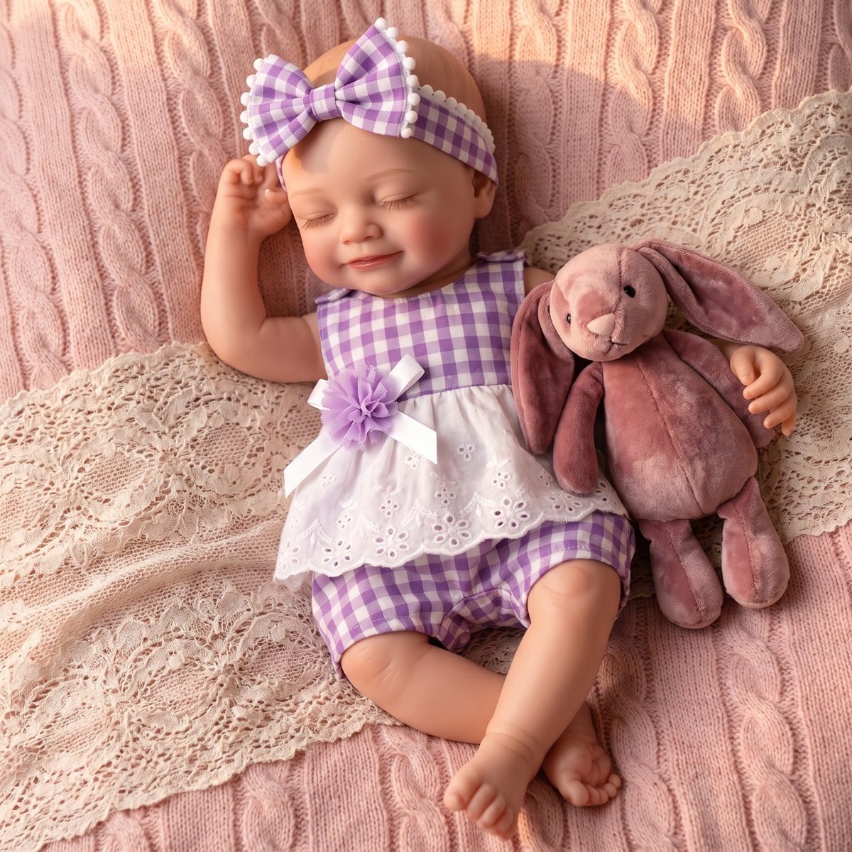 Lumi doll in purple outfit cuddling a bunny plush on a knit blanket