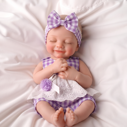 Lumi doll in purple outfit with hands clasped