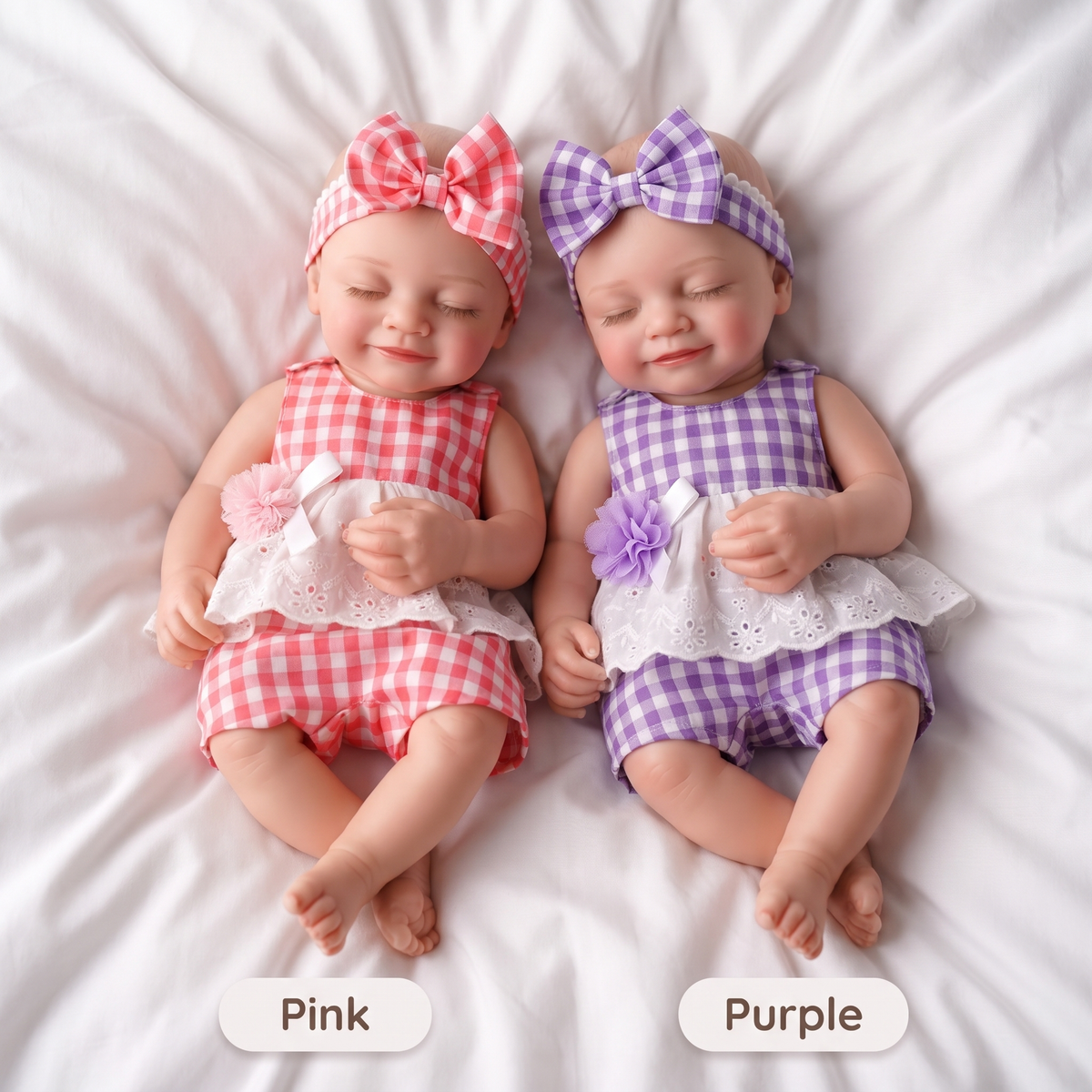Lumi doll in Pink and Purple outfit colorways side by side