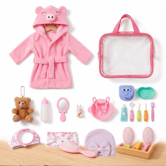 Complete doll care set with piggy bathrobe, carry bag, feeding set, dental play kit and care accessories for 12-16 inch dolls, laid out on white