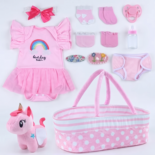 Unicorn Dreams 13-piece doll layette set with tutu bodysuit, bassinet and unicorn plush