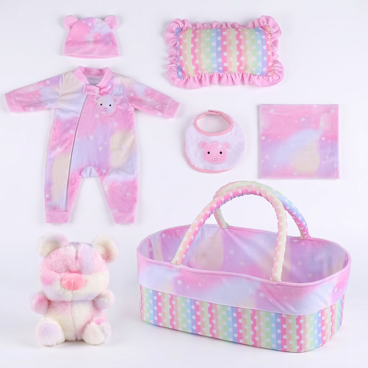 Cotton Candy Bear 7-piece doll sleep set with tie-dye romper, bear hat and bassinet