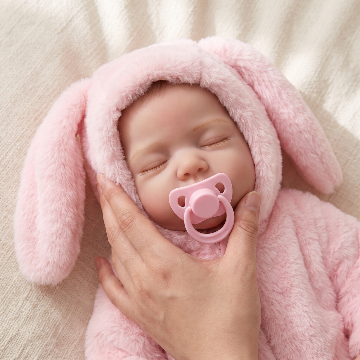 Nancy doll holding her pacifier in her open mouth
