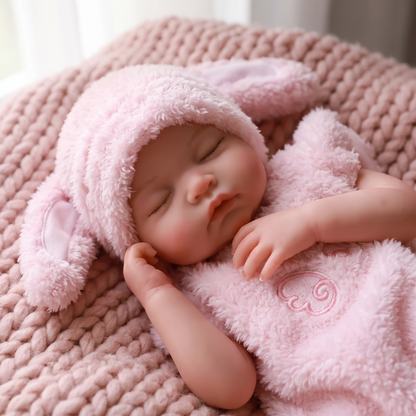 Nancy silicone sleeping baby doll in pink fluffy bunny outfit