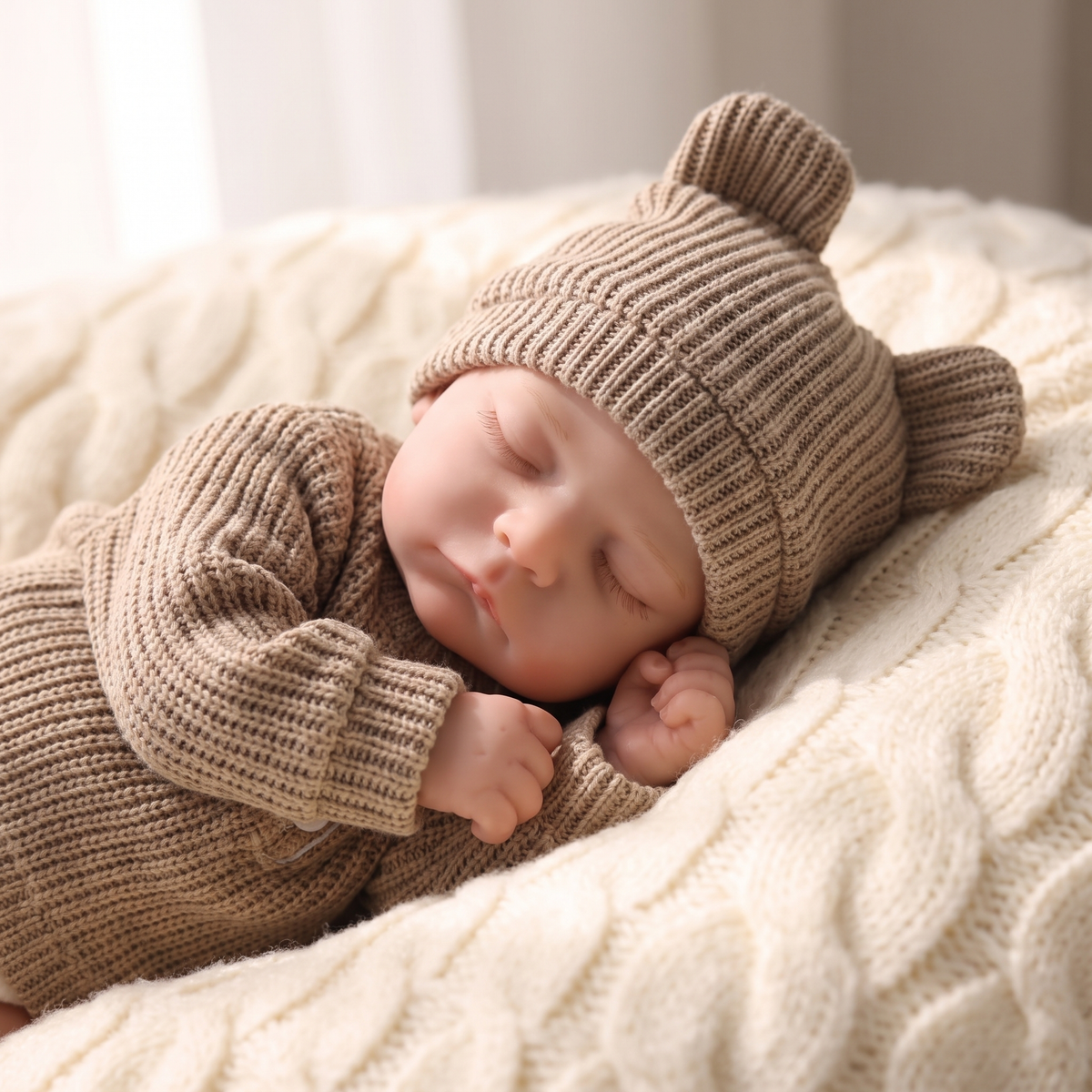 Noah silicone sleeping baby doll in camel knit bear outfit