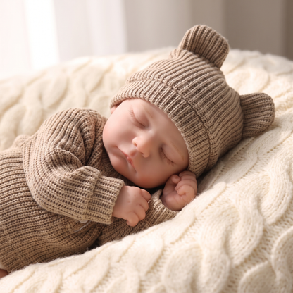 Noah silicone sleeping baby doll in camel knit bear outfit