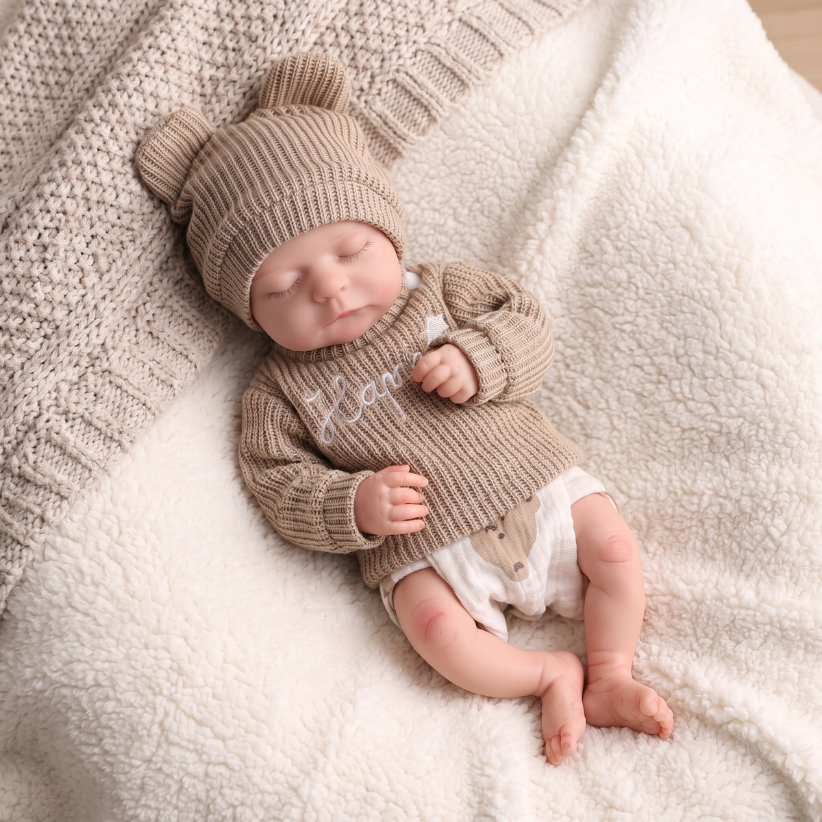 Noah doll full body in camel knit sweater and bear hat