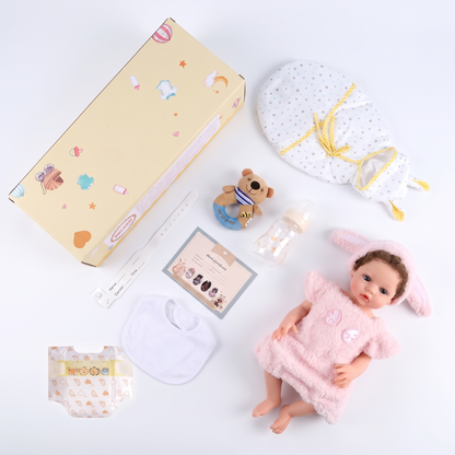 Everything included with Phoebe - gift box, swaddle and accessories