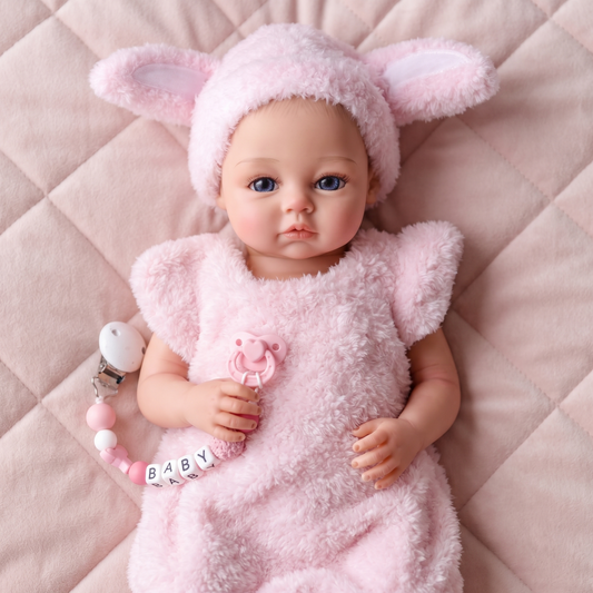 Phoebe silicone baby doll in pink fluffy bunny outfit