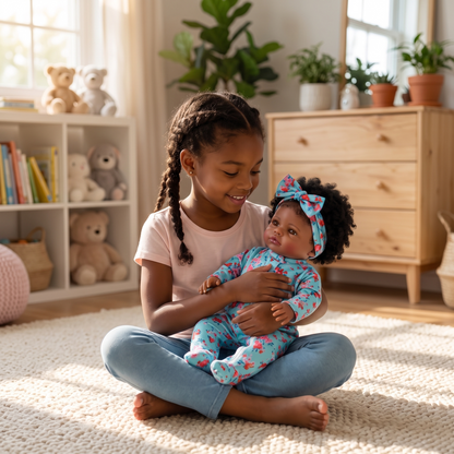 Girl playing with Laney doll