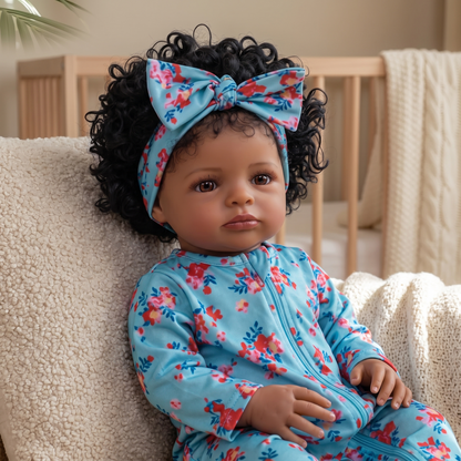 Laney reborn baby doll in blue floral outfit