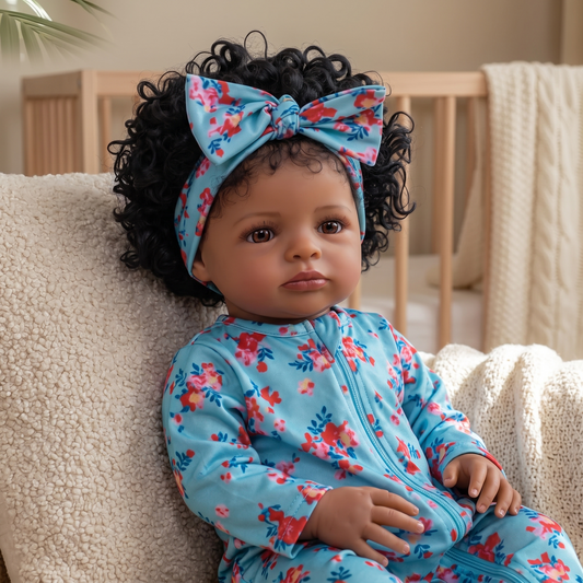 Laney reborn baby doll in blue floral outfit