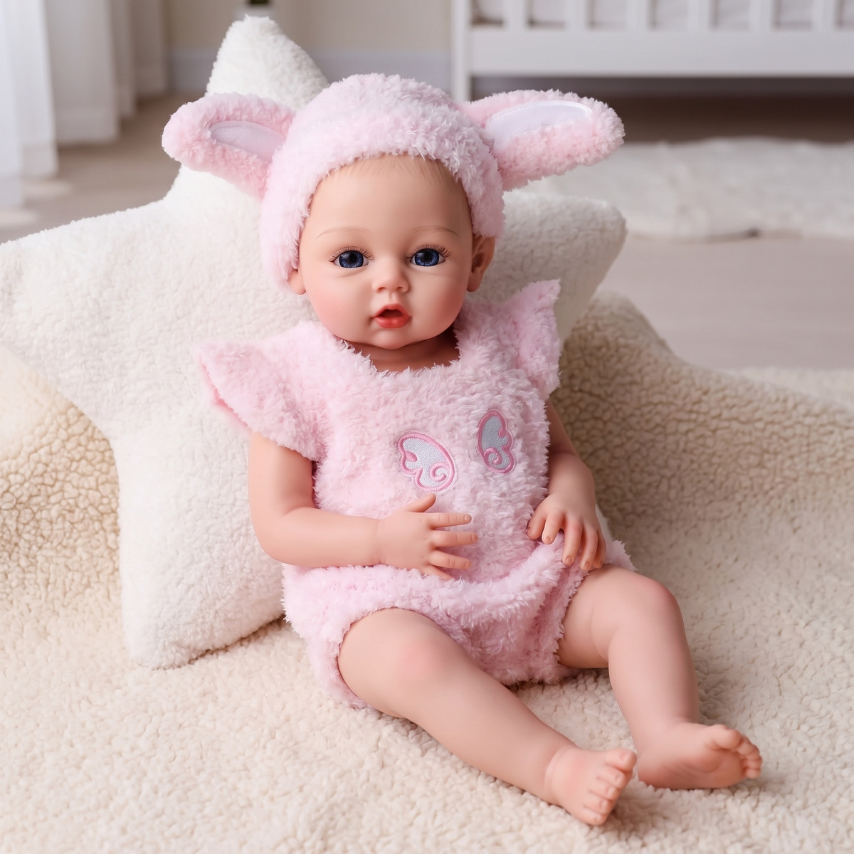 Phoebe doll full body sitting against star pillow