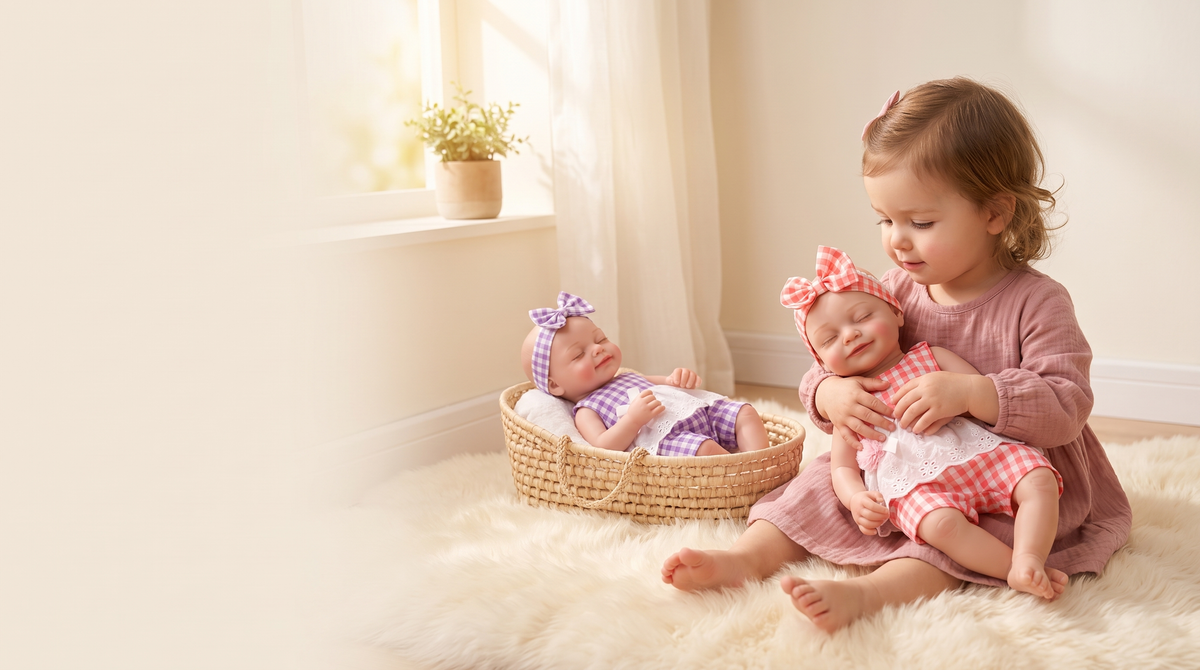 Toddler cradling the Lumi silicone baby doll in a bright nursery